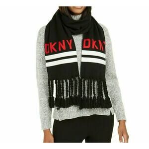 Dkny Logo Stadium Scarf With Tassel Fringe Black